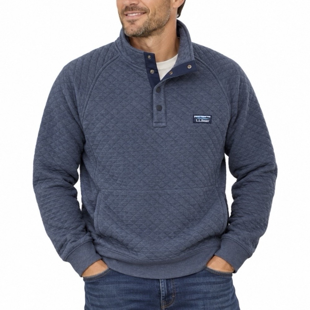 LL Bean Mens Blue Quilted Pullover 1/4 Sweatshirt Pockets XL Outdoor